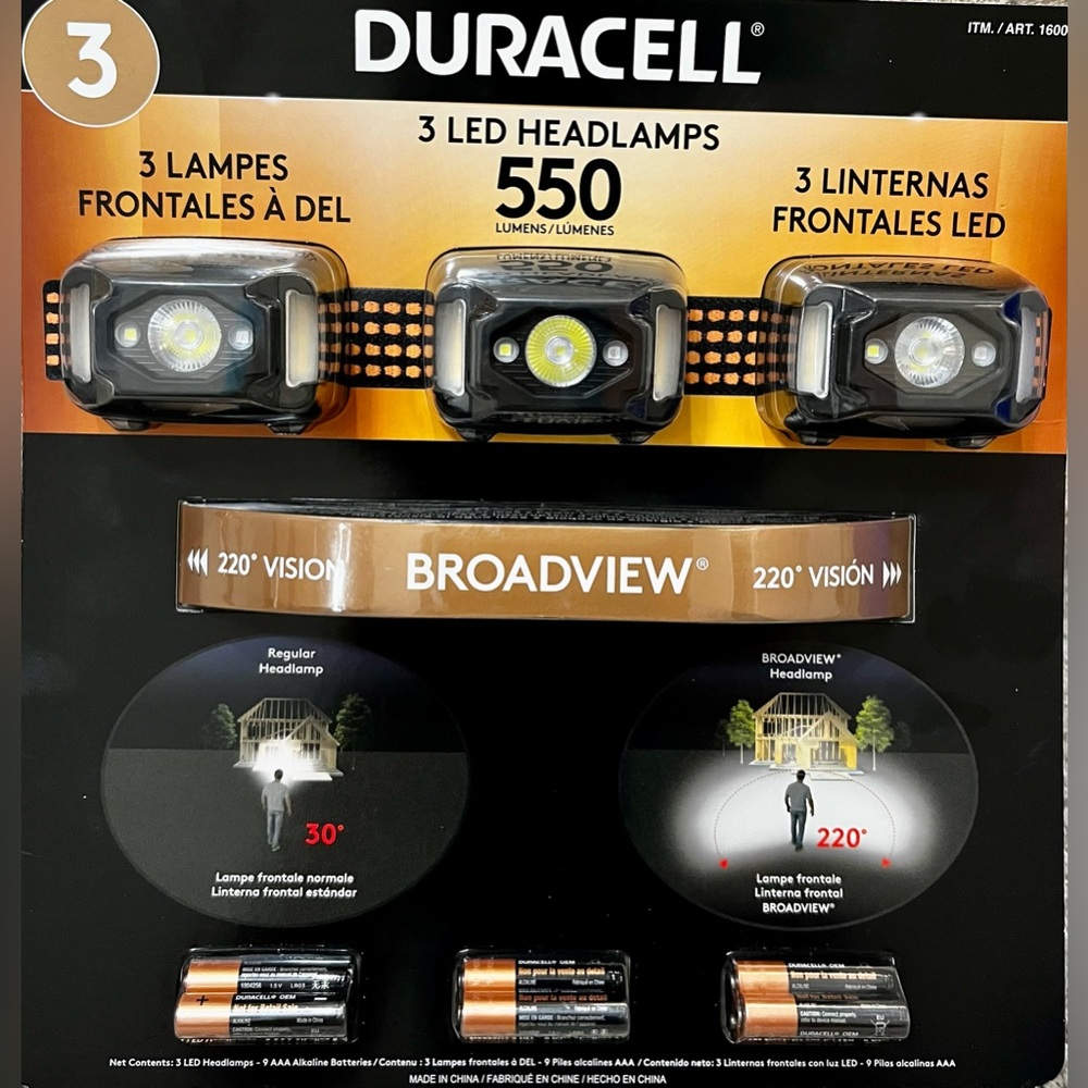 DURACELL 550 Lumen 3-pack Headlamp 550 Lumens of Light Output Waterproof